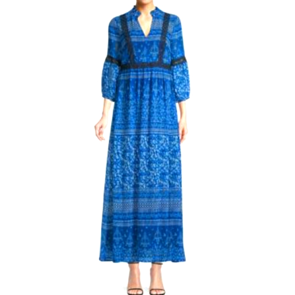 Karl Lagerfeld Paris Women's Shift Dress Blue Floral Notch Neck Bishop Sleeve 14